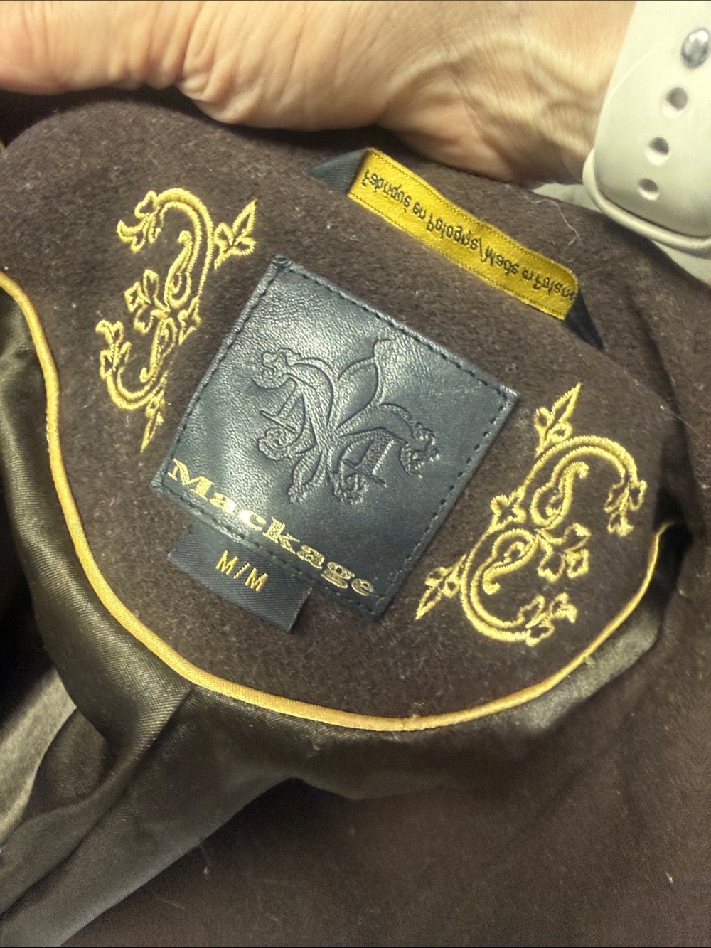 Mackage Men's Brown Pea Coat with Gold Embroidery